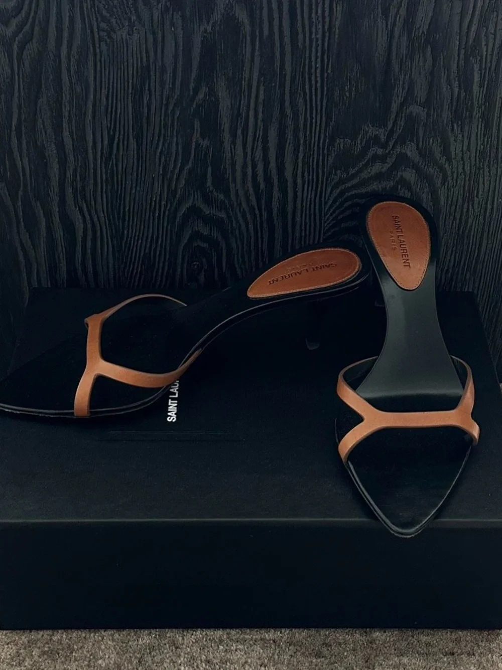 Saint Laurent Black and Brown Leather Slide Heels - Picture 2 of 4